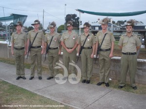 Soldiers from the 12/16 Hunter River Lancers at the Aberdeen dawn ANZAC service. Trooper Michal Bunt, Trooper Patrick Flanagan, Lance Corporal Cameron Turner, Corporal Brett Condon, Craftsman Sarah Jackson, Trooper Casey Flanagan and Trooper Jordan Legge